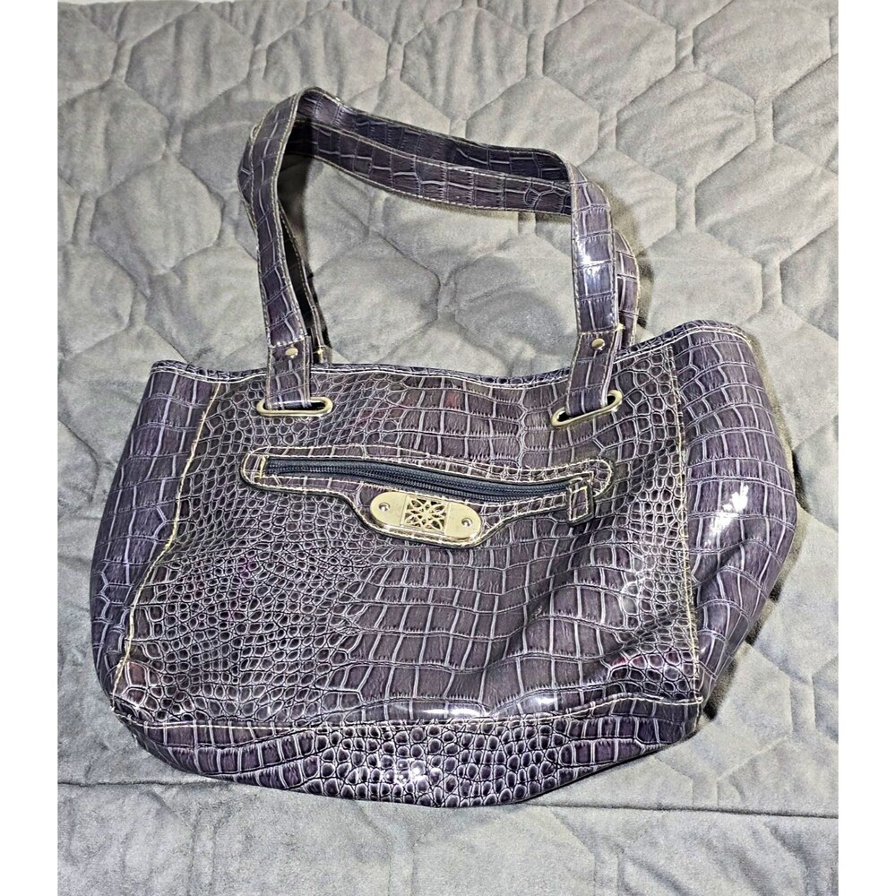 Rosetti Purple Faux Croc Shoulder Bag Handbag Zip Pocket Filigree Plaque Flawed